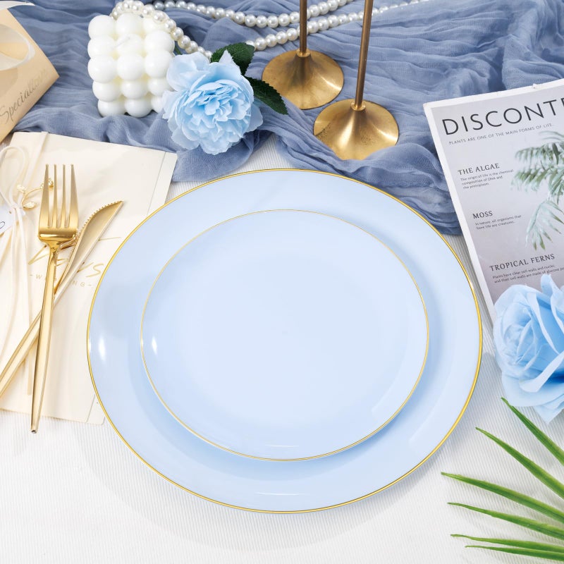 PULOTE 100PCS Blue Plastic Plates - Disposable Light Blue Include 50 Dinner & 50 Dessert/Salad Plates for Party, Wedding & Easter - Image 3
